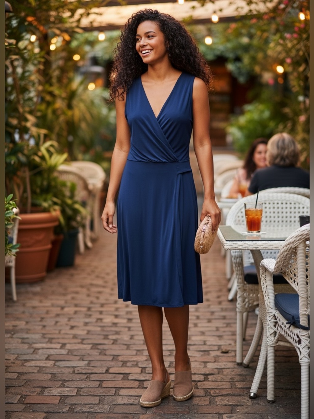 Kaileigh  Navy Blue Faux Wrap Ruched Waist V-Neck Sleeveless Dress